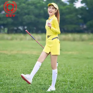 新款女士高爾夫運動套裝 長袖上衣短裙子緊身運動套裝 高爾夫服裝套裝女 吸汗韓版黃色球透氣高爾夫運動套裝 女士上衣+短裙