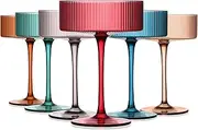 Chouggo Art Deco Colored Vintage Coupe Glasses, 9Oz Ribbed Crystal Hand Blown Martini & Cocktail Glasses, Perfect for Dessert, Manhattan, Cosmopolitan, Gimlet, Pisco Sour