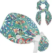 [FVQL] 2 Pcs Nurse Caps for Women, Surgical Cap with Hair Scrunchies, Ponytail Scrub Cap, Art Pattern Floral Flower Peacock Feather Abstract