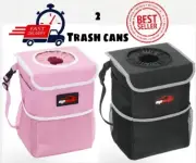 2 Black and Pink Auto Waterproof Car Trash Cans with Lid and Storage Pockets Set