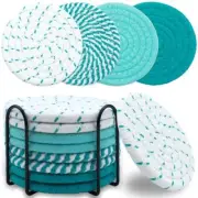 8 Pcs Drink Coasters with Holder, Minimalist Cotton Woven Coaster Set,4 Green