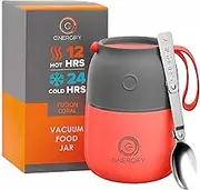 Vacuum Insulated Food Jar. Large 12oz Bowl incl. Folding Spoon, Cup. Wide Mouth Thermos Keep Hot & Cold Drinks Soup Thermo Lunch Container for Adults. BPA-Free Stainless Steel, Leak Proof Fusion Coral