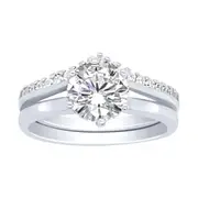 Bevilles Sterling Silver and Cubic Zirconia Solitaire with Studded V Shaped Band Ring Set