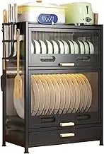 FAQINZYUAN Kitchen Countertop Dish Storage Cabinet with Drawers, 4-Layer Dust-Proof Cabinet for Bottles, Bowls, Console Dining Cupboard (Black)