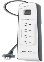Belkin 6 Way Outlet Surge Protector 2M Power Board 2.4A w 2 USB Ports Charger