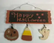 Happy Halloween Wooden Hanging Sign Pumpkin Ghost Candy Corn 14" x 9.5" New