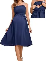 [LYTHMER] Women's Maternity Nursing Dress Smocked Midi Maxi Dress Adjustable Spaghetti Strap Square Neck Maternity Clothes