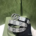 GUCCI/古馳 女士藍色拚米色銀頭雙麵窄版腰帶皮帶寬200