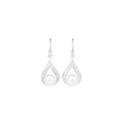 Silver Cultured F/w Pearl Cz Open Pear Drop Earrings in White