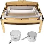 Vomeko Chafing Dish Stainless Steel Buffet Chafer 9L Buffet Catering Food Warmer Transparent Glass Lid Alcohol Heating Rectangular, for Party, Banquet (Plated Gold)