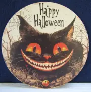 New Metal Sign- Happy Halloween- Black Cat- Smiles- Orange Eyes- Spider Web