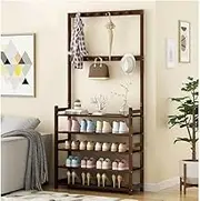 Large Wooden 5 Tiers Hat Coat Stand Clothes Shoe Rack Hanger Hooks Shelf (Brown)