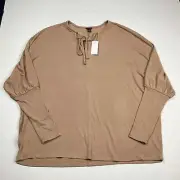 Ann Taylor Knit Lace Up Blouse Brown Loose Fit Stretchy Long Sleeve Top XS NEW