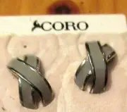 new VTG CORO pierced silver tone gray enamel stud Earrings stainless steel wire