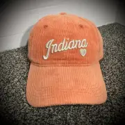 womens INDIANA CORDUROY DAD HAT faded orange & white script hoosier heart fall