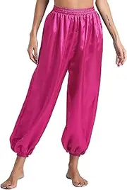 [Jugaoge] Womens Silky Belly Dance Harem Pants High Waist Loose Fit Trousers Arabian Princess Bloomers