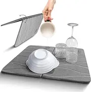 CyperEver Diatomaceous Earth Stone Dish Drying Mat - Foldable Drying Stone Mat(17.7X 13.7 inches), Quick-Drying, Non-Odor, Water Resistant Stone Drying Mat Kitchen Grey