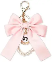 [Kefley] Bow Pearl Key Lanyard Keychain for Women Elegant French Bowknot Ribbon Pearl Beaded Key Wristlet Key Rings for Car Keys