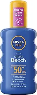 NIVEA SUN Ultra Beach Sunscreen Spray SPF 50+ 200ml | Broad Spectrum UV Protection | Reduces Tight, Dry Skin Feeling | 4-Hour Water Resistant | Convenient Spray Application