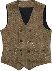 [HEYDHSDC] Men'S V Neck Suit Vests Herringbone Wool Tweed Double Breasted Waistcoat Tuxedo Groomsmen For Wedding Brown Xxl