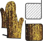 4 pcs Oven Mitts and Pot Holders Set 500°F Heat Resistant Oven Gloves and Hot Pads Kitchen Mittens Gold Sequin Sparkle Cooking Gloves Potholders for Baking Grilling