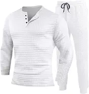 [CRNTCEM] Mens 2 Pieces Sweat Suits Lightweight Long Sleeve Waffle Knitted Workout Henley Sets Male Casual Jogging Tracksuits