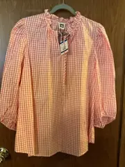 Anne Klein New Check Print Ruffle Neck Blouse Rose Apple White Sz. XL NWT