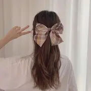 Plaid Bow Barrette Hair Clip 06# - Plaid - Off-White & Dark Blue - One Size