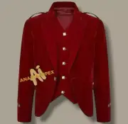 Scottish Men's Red Argyle Kilt Jacket Wedding Highland Velvet Jacket With Vest