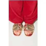 Gold Faux Leather Round Toe Cross Over Sandal, Gold
