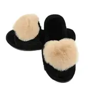 Nevenka Womens Fuzzy Slippers Open Toe Cozy Memory Foam Sandals-Love Beige