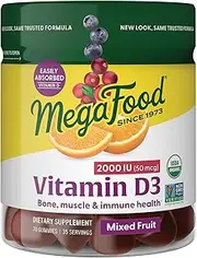 MegaFood - Vitamin D3 - For Bones & Immune System - 1000 IU, 25 mcg - USDA Organic, Non-GMO, Gluten-Free - Mixed Fruit - 70 Servings