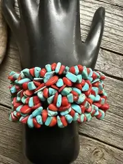 Blue Turquoise Coral Nuggets 7 Inch Stretch Elastic Stretchy Bead Bracelet Gift