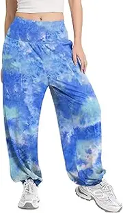 [Mintreus] Women's Harem Pants, High Waist Boho Palazzo Trousers with Front Pockets Summer Hippie Pants 2025, Td Blue Mint Green, Medium