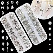 Careuoklab Multi Shapes 3D Glass Crystal Nail Art Rhinestones Kit with Flatback Round Bead Charm Gemstones Jewelry Diamond for Manicure Makeup DIY Craft Decoration (Crystal Clear Set)