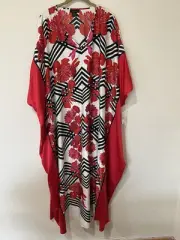 NWT $180 Natori Red Satin Multicolor Piccadilly Floral Caftan Size: L