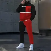 Men's Color Block 2pcs 3D Sweatshirt Sets Tracksuit Hoodie Sweatshirt Long Sleeve Long pants Hooded Casual Daily Athleisure 3D Print Spring Fall Winter Red