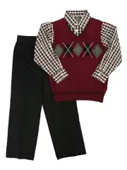 Dockers Boys 3-Piece Outfit Burgundy Argyle Sweater Vest Shirt Corduroy Pants