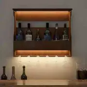 Backlit Wooden Bar Wall Shelf / Mini Bar Cabinet in Walnut Finish