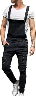 [Generic] Men's Denim Ripped Suspender Bib Retro Fit Jumpsuit With Pockets Distressed Overalls Fashion Snow-Washed Jeans