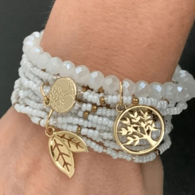 Set of 3 White & Gold Anklets Beaded Boho Beachy Bracelets with Charms NEW
