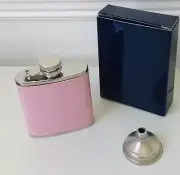 Liquor Flask Stainless Steel And Leather 2.5 oz With Funnel Silver Pink New