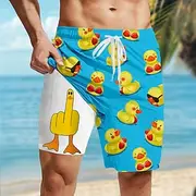 Men's Little Yellow Duck Funny Lined Shorts 2 in 1 Board Shorts Swim Shorts Mid Waist Hawaiian Vacation Beach Wear Side Pockets With Compression Liner Elastic