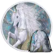 Fantasy Art Magical White Unicorn Round Beach Towel