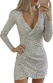 [Aosufei] Women's Sparkly Waisted Mini Dress V-Neck Lrregular Short Dress Slim Party Club Cocktail Dresses