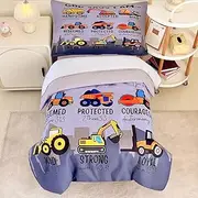 4 Piece Toddler Bedding Set for Boys,Cars Construction Toddler Bed Comforter Set Includes Comforter,Flat Sheet,Fitted Sheet and Pillowcase,Christan Trucks Tractors Bed in A Bag for Kids Bedroom