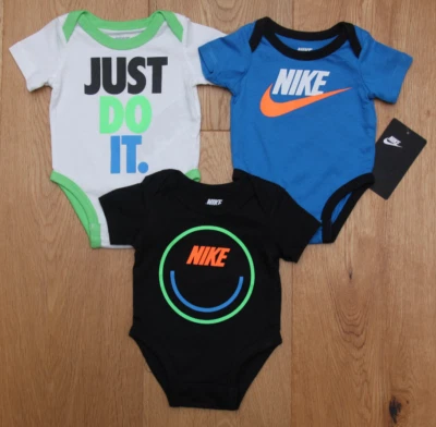 Nike Baby Boy 3 Piece Bodysuit Set ~ Black, Blue, White & Neon ~ Size Newborn