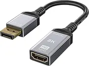 AOOCOO DisplayPort 1.4 to HDMI 2.1 8K Male to Female Cable 0.25 m Converter 8K @ 60Hz 4K @ 120Hz Ultra HD Resolution Compatible with DisplayPort PC and HDMI Display TV
