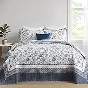 FineStichery Oversized Queen Bedspreads 120"x102", 100% Cotton Floral California King Quilt Extra Large Coverlet, Lightweight Farmhouse Quilted Bedding Set 3 Piece, Blue/White