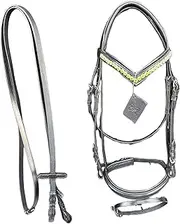 AHS us Snaffle Leather Bridle with Green Stone on Browband - Premium Horse Tack for Style and Comfort